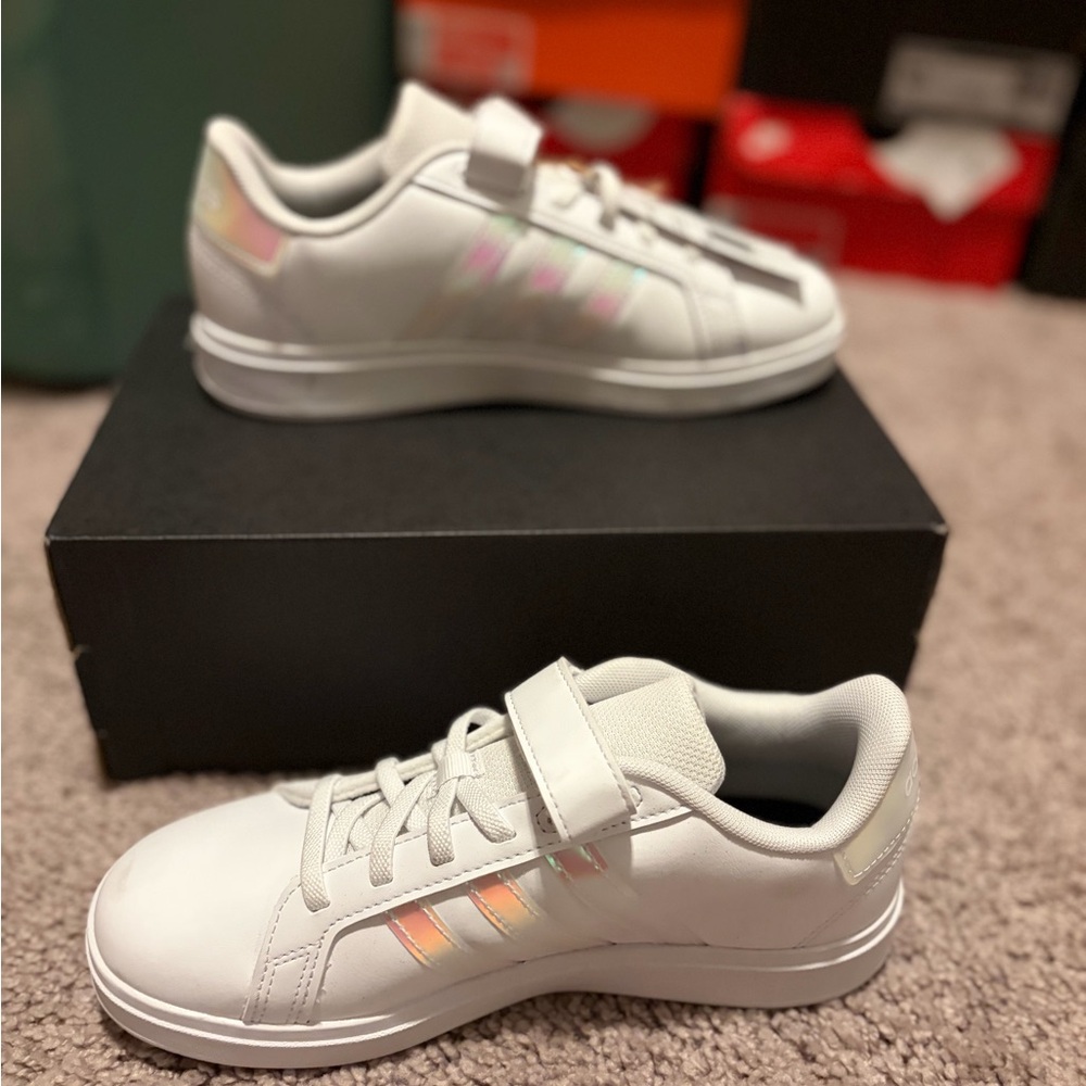 adidas Kids White Sneakers with Rainbow Stripes